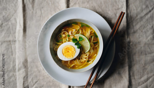 A steaming bowl of rich, yellow curry noodle soup, likely Laksa or Soto, is served on a rustic linen cloth. The dish is garnished with a half-boiled egg and lime