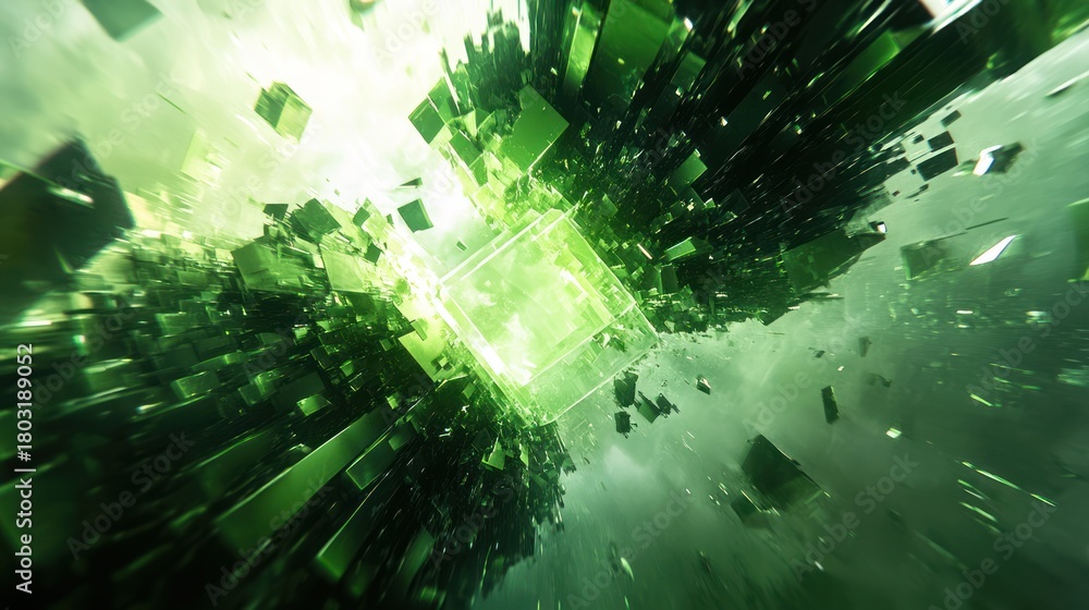 Fototapeta premium Abstract 3D green cubes, explosion, geometric shapes, digital art, futuristic, perspective, volumetric, background