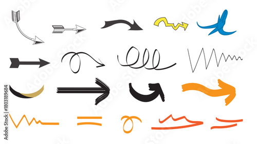 Diverse Vector Arrow Collection: Hand-Drawn Grunge Brushstroke Pointers, Doodle Sketch Set for Direction, Highlight, and Graphic Design Elements