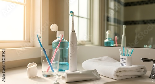 Morning Dental Care Routine: A well-organized bathroom counter showcases the essential tools for a refreshing dental hygiene routine, with a toothbrush, toothpaste, mouthwash, and other essentials.
