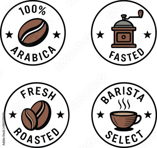 Four coffee themed circular badges with beans grinder and cup arabica fresh