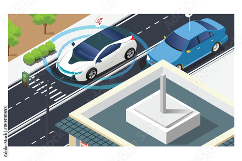 ISometric Driverless or self driving car at road. Futuristic autonomous vehicle remote sensing system. suitable for vehicle-related digital assets