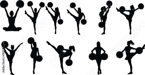 Cheerleader silhouettes, pom-pom poses, athletic dance moves, high kick, split jump, energetic choreography, sports spirit, vector icons, dynamic performance