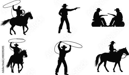 Cowboy silhouette, horse riding, lasso action, western gunfight, wild west culture, ranch life, cowboy child, vintage cowboy, rodeo scene, frontier spirit