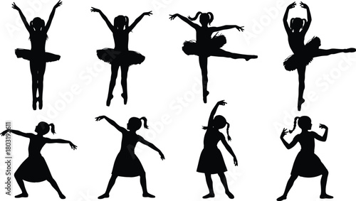 Dance silhouette, ballet girl, expressive pose, tutu costume, child dancer, black outline, movement art, graceful stance, performance icon, stage motion, elegant figure, dance vector, artistic gesture