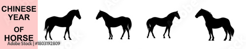 Graceful standing horse silhouettes representing Chinese Year of the Horse featuring calm posture, elegant outlines, cultural symbolism, minimal vector artwork for decorative traditional zodiac themed