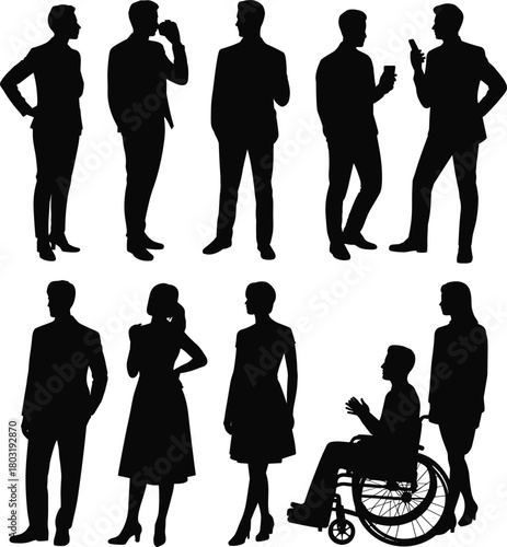 Inclusive silhouette people set, diverse poses, formal attire, standing and seated figures, wheelchair user, social interaction, vector illustration