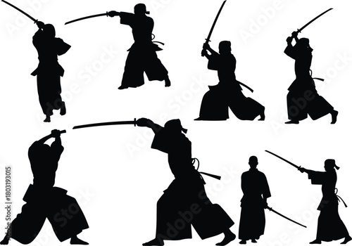 Japanese sword martial arts silhouette, katana training poses, Kenjutsu stances, traditional warrior movements, samurai discipline, black vector illustration