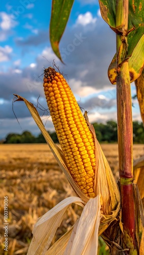 A close-up showcases a mature corn cob, with vibrant yellow kernels and surrounding husk. Background displays a golden field and sky