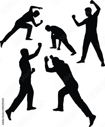 Martial arts silhouette, combat stance, fighting pose, self defense, black figure, dynamic movement, agility, strength, training, discipline, action