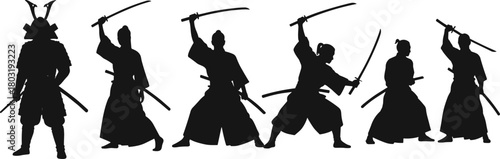 Samurai warrior silhouettes, katana sword poses, traditional Japanese martial arts, combat stance, armor figure, bushido spirit, vector icons, action design