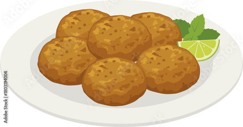 Flat Illustration Delicious Falafel Balls on Plate with Lime and Mint