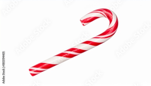 An isolated candy cane with glossy red-and-white striped peppermint design, displayed on a clean white background.