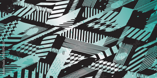 Abstract Geometric Pattern with Black and Teal Color Scheme.