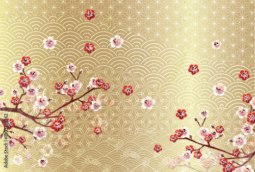 梅　和柄　年賀状　金　背景	