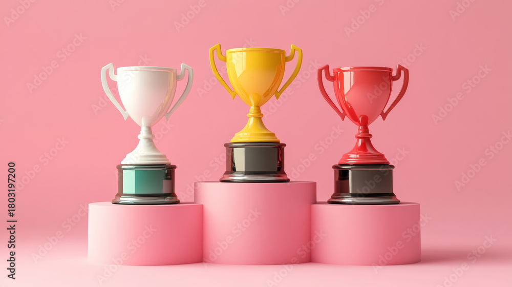 Fototapeta premium Colorful Trophies on Pink Pedestals