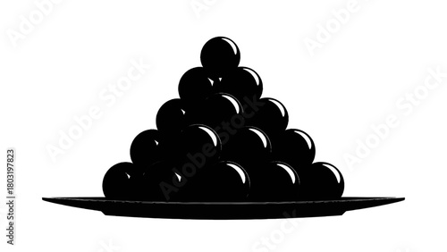 Vector illustration of pile of black spheres stacked in a pyramid on a plate isolated on transparent background 