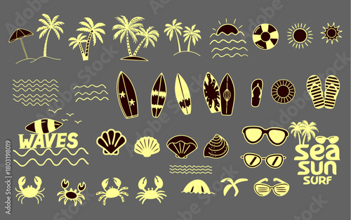 Hand drawn summer beach and surf doodles icon set, waves,crabs, sunglasses, wide, seasons, locations, palms,surfboards,seashells include main activities,styles and content.