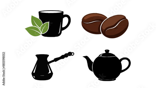 Vector illustration of coffee and tea set with beans and leaves isolated on transparent background 