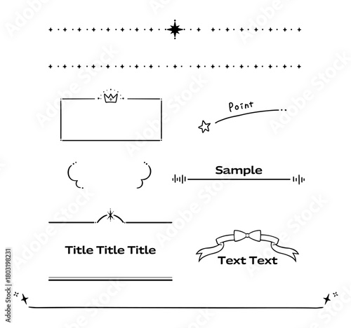 手描きの飾り罫線と見出し枠の白黒ライン素材セット｜シンプルな装飾枠とあしらいデザイン
