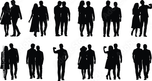 Couple silhouette set, black vector illustration, romantic standing poses, affectionate interaction design, relationship concept layout, love expression collection