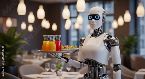 A serving robot holds drinks and sweets in a restaurant. Modern interior with gray tables and white cloths. Artificial intelligence in the food industry, with drinks on a tray.