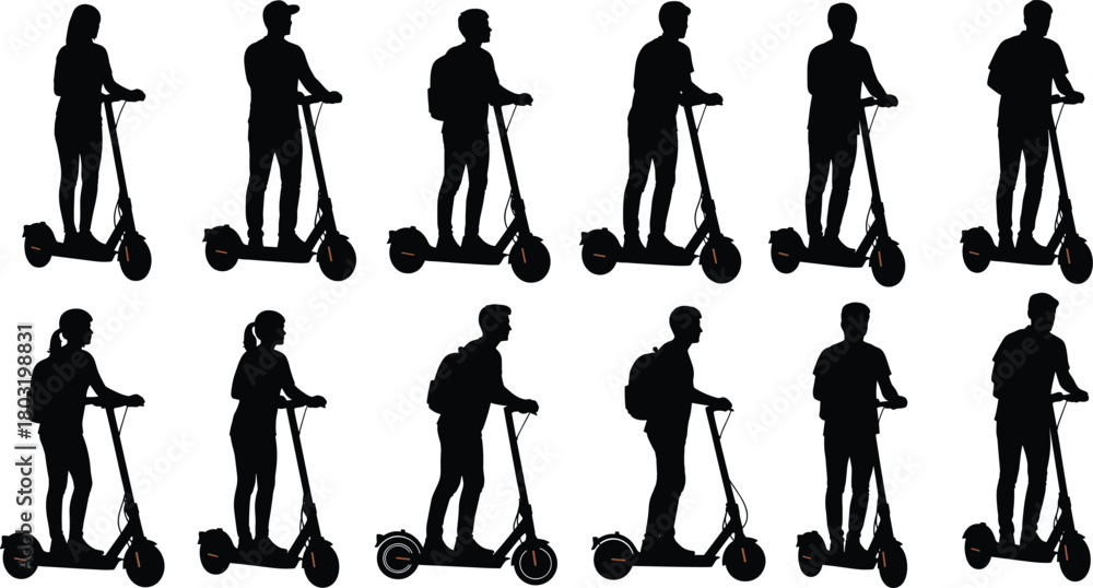 Obraz premium Electric scooter rider silhouettes, black vector illustration, urban mobility concept, diverse posture set, personal transport design, modern commuting style
