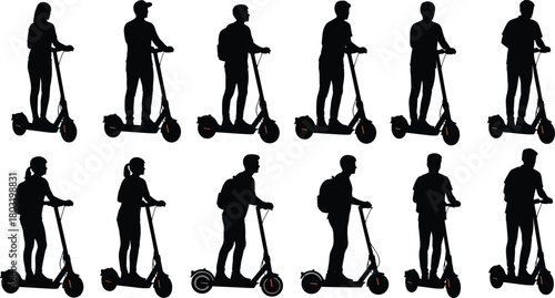 Electric scooter rider silhouettes, black vector illustration, urban mobility concept, diverse posture set, personal transport design, modern commuting style