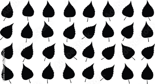 Leaf silhouette grid, black vector illustration, symmetrical foliage pattern, orientation variation design, nature shape repetition, botanical concept layout