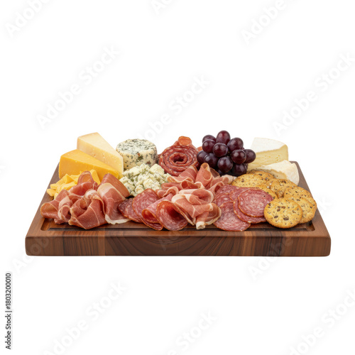 Gourmet charcuterie and cheese board with an assortment of cured meats, various cheeses, grapes, and crackers.
