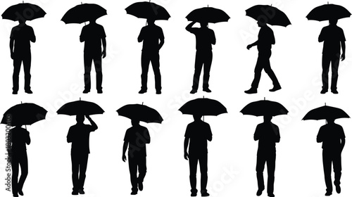 Umbrella silhouette set, black vector illustration, walking and standing poses, human posture variation, rainy day concept, urban accessory design