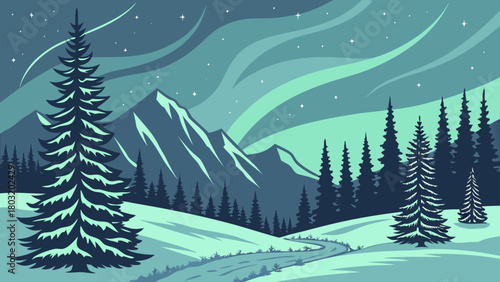 Illustration of a snowy landscape with mountains trees and aurora borealis in the night sky scene