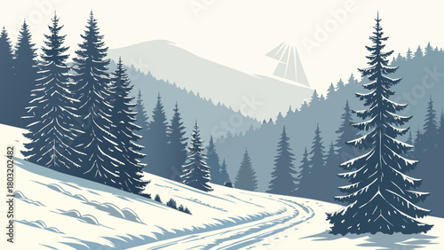 A winter landscape with snow covered trees and mountains in the background in a cold color palette