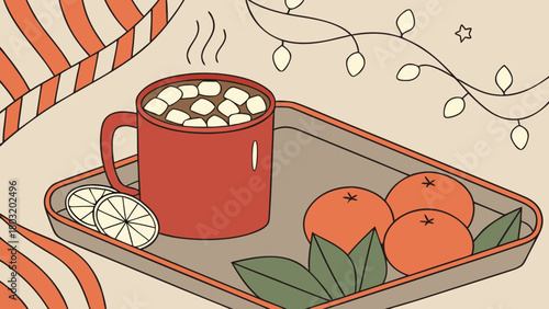 Festive tray with hot chocolate marshmallows oranges and lemon slices under string lights and blanket