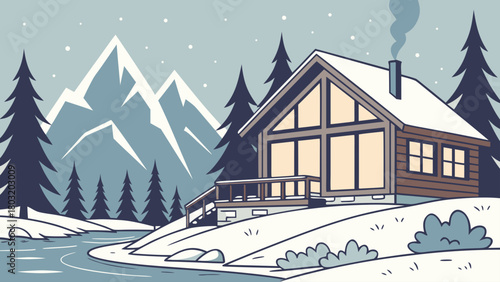 Illustration of a cabin in a snowy landscape with mountains and a river in the background scene view