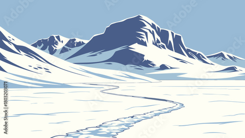 Scenic view of snow covered mountains under a light blue sky with a winding icy river path ahead
