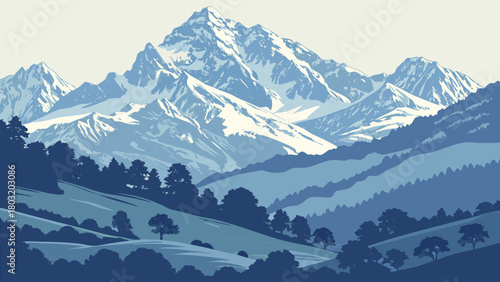 A majestic mountain range covered in snow with trees in the foreground in shades of blue and white hues