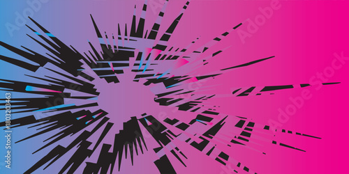 Abstract Black Splintered Shape on Blue to Pink Gradient Background.