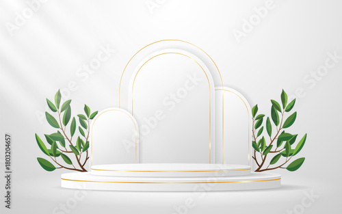 White podium with curved backdrop decorated with golden lines and green leaves behind for product presentation. Vector illustration for displaying cosmetic products.
