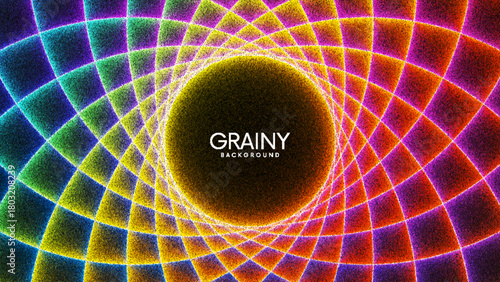 Circular grainy gradient banner with hypnotic pattern and glowing intersecting rings created from thousands of individual dots. Radiant circles overlap in rhythmic structure for event design banner