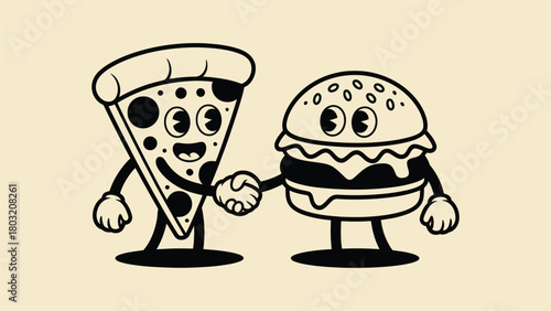 Retro Cartoon Pizza Slice and Burger Shaking Hands Mascot Vector illustration