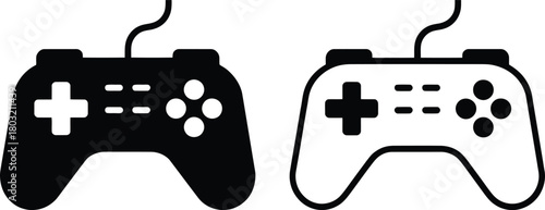 Print Dual Style Game Controller Silhouette and Outline Icon Set Vector illustration