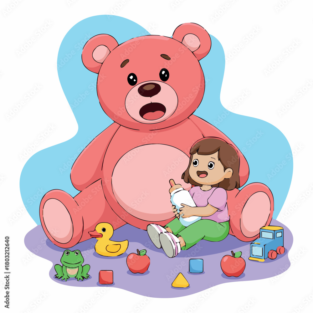 Obraz premium Illustration of a girl playing with a teddy bear and toys for children and kids educational game 100