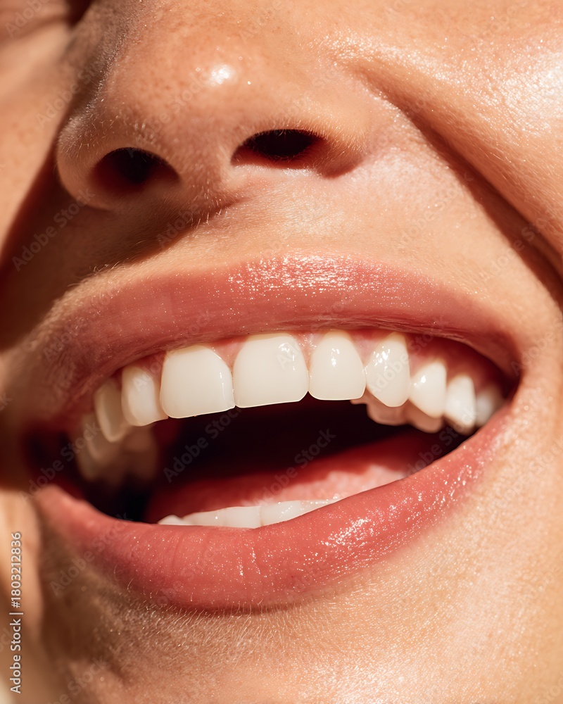 Fototapeta premium Macro of laughing smile showing clean, white, naturally shining teeth.