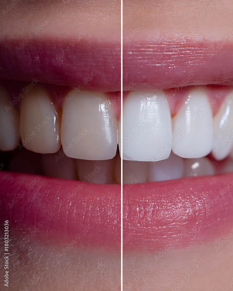 Obraz premium Split macro view showing teeth tone improvement after whitening treatment.