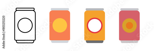 Set of minimalist beverage can icons with transparent background, depicting refreshments, soda drinks, packaging, and UI elements, vector illustration