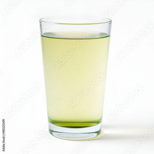 Close-up of a glass of water with a faint greenish tint, symbolizing arsenic contamination, on a plain white background with copy space. Environmental pollution and toxic substance danger concept.