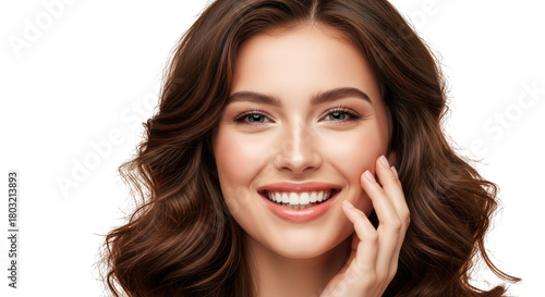 Smiling young woman with wavy brown hair and natural makeup touching her face gently isolated on transparent background