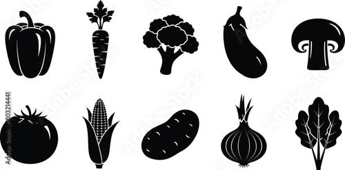 Collection of black and white silhouette illustrations of various fresh vegetables on a white background