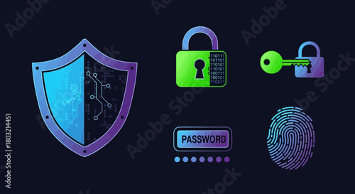 Cybersecurity protection icons with shield, padlock, key, password, fingerprint unlock representing safety, privacy, and secure access from online threats
